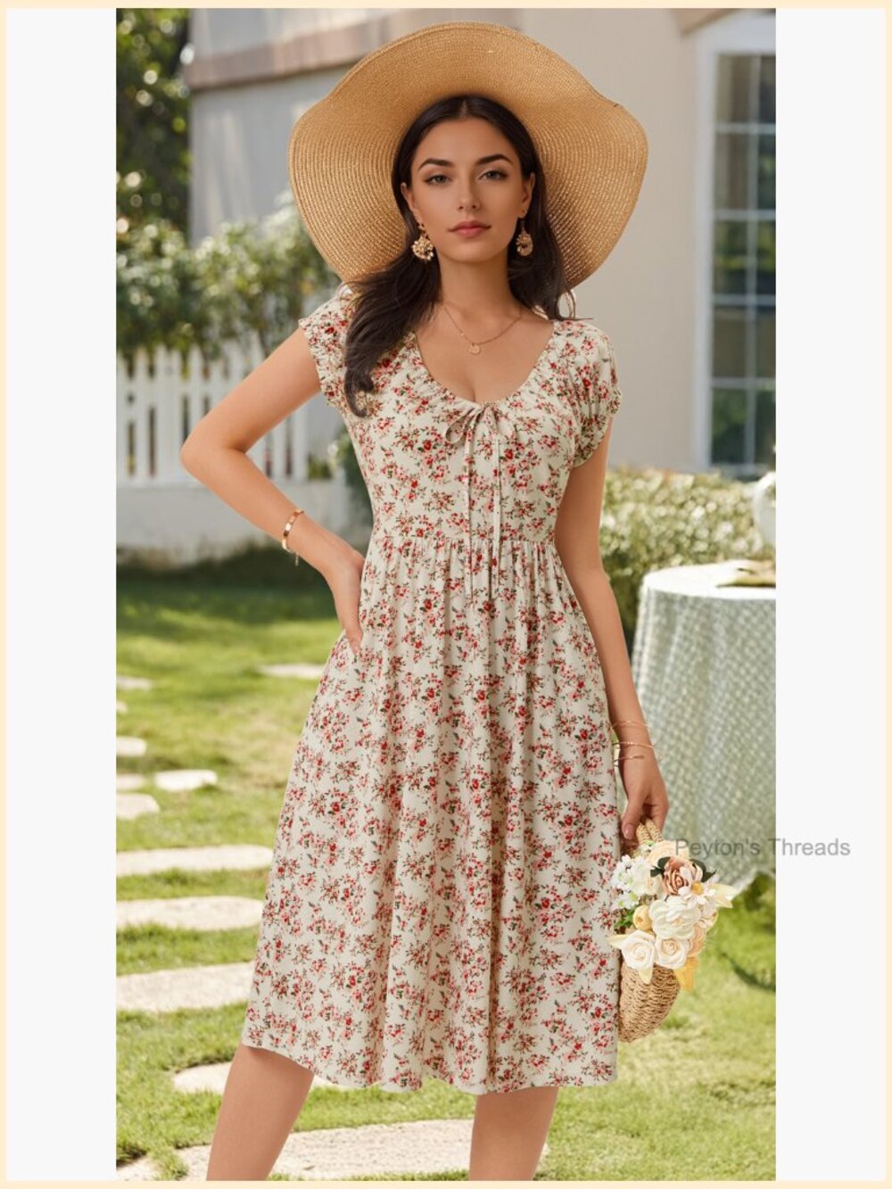 Floral V Neck Puff Cap Sleeve Sundress Midi Dress with Pockets - Picture 7 of 7